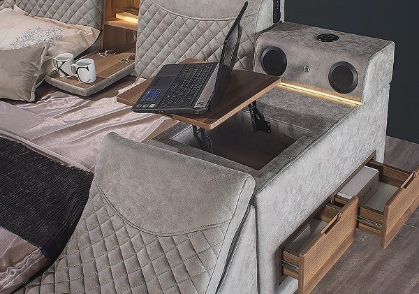 Умная серая кровать с телевизором Элита
