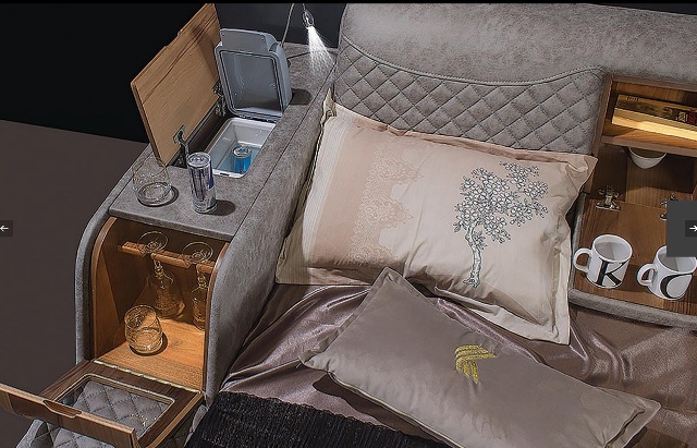 Умная серая кровать с телевизором Элита