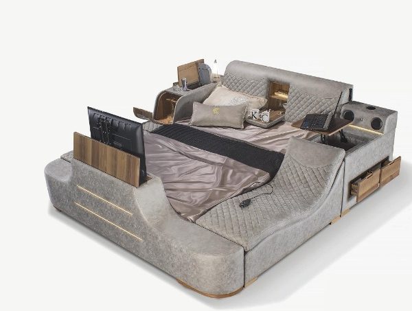 Умная серая кровать с телевизором Элита