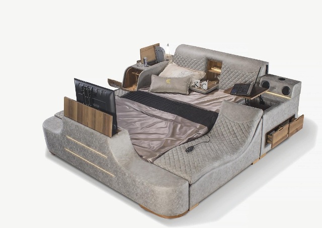 Умная серая кровать с телевизором Элита