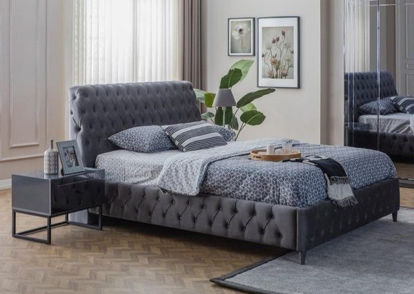 Мягкая синяя кровать 1600 Валенсия в стиле капитоне