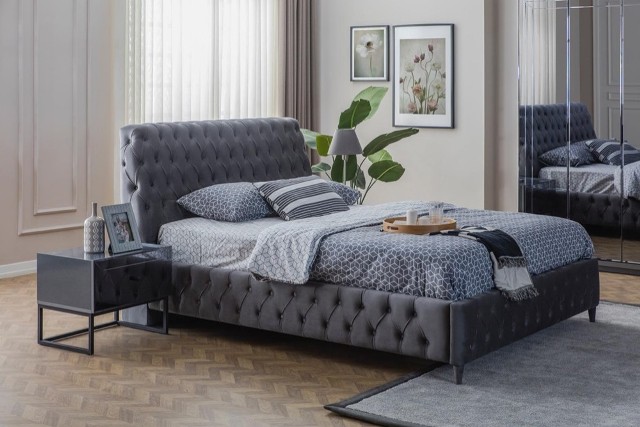 Мягкая синяя кровать 1600 Валенсия в стиле капитоне Мягкая синяя кровать 1600 Валенсия в стиле капитоне