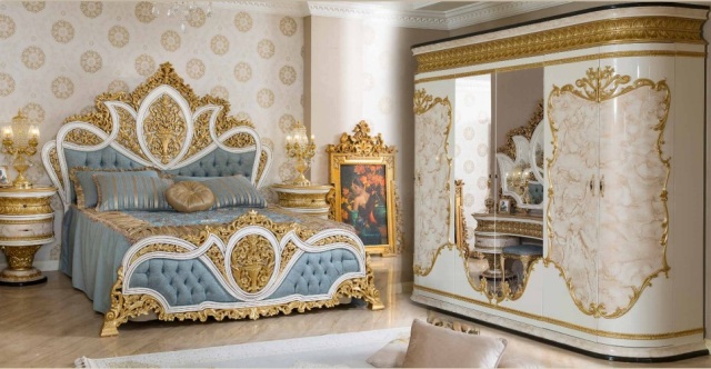 Голубая кровать с золотом в спальню София Голубая кровать с золотом в спальню София