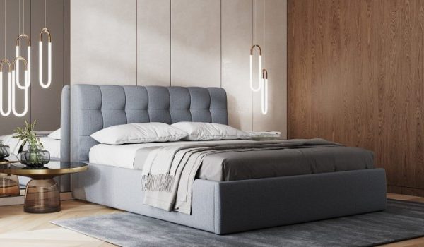 Серая кровать Квадранс с мягким изголовьем