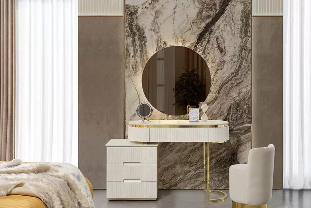 Белая спальня в стиле модерн Плюс, OD Туалетный дамский стол с тумбой и пуфом