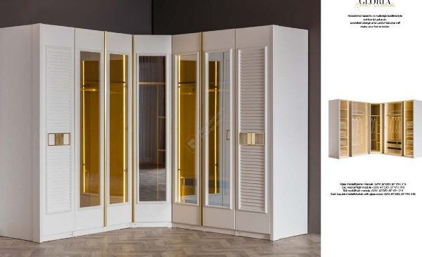 Белый угловой шкаф Глория с золотом