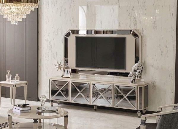 Белая зеркальная тумба под телевизор Пикассо, NEW