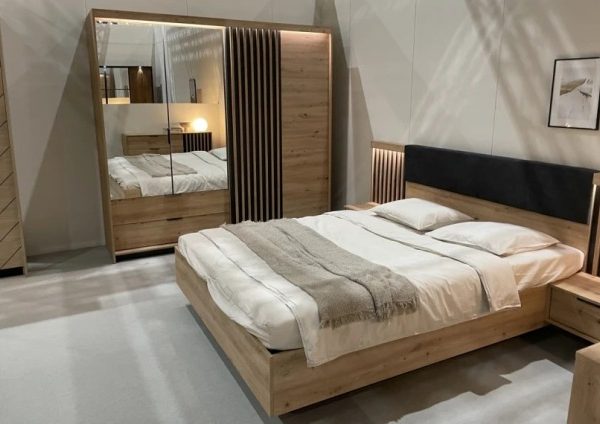 Кровать (каркас) Perfect Home Талли / Tally 160 с мягким изголовьем двуспальная, дуб артизан / антрацит