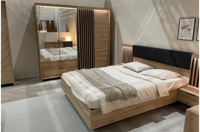 Польская кровать для спальни Талли 160×200 Кровать (каркас) Perfect Home Талли / Tally 160 с мягким изголовьем двуспальная, дуб артизан / антрацит